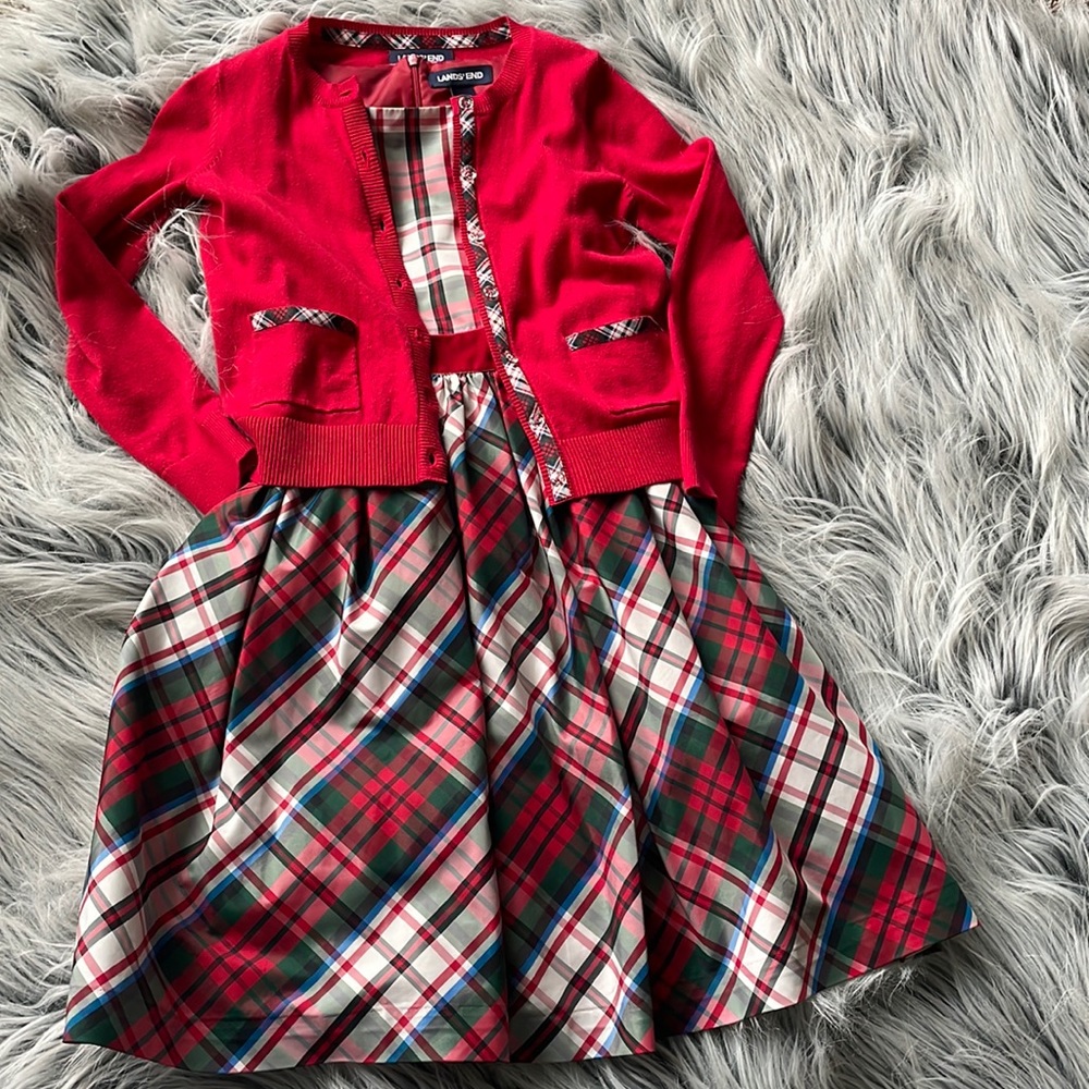 Girls Size 7-8 holiday inspired dress with matching cardigan from Land’s End